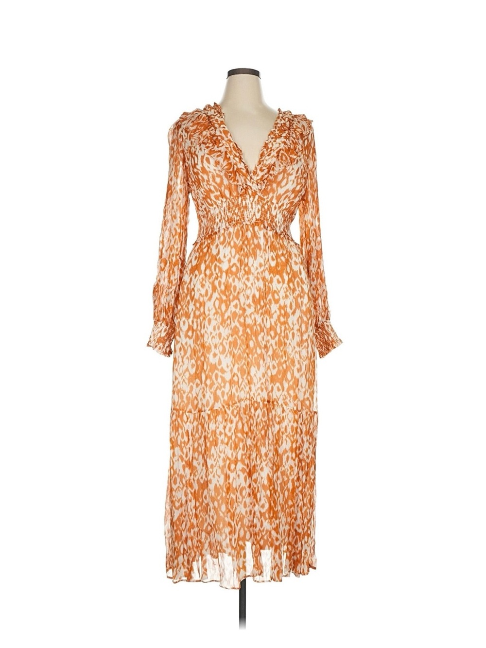 Anthropologie Orange and Cream Printed Long-Sleeve Maxi Dress